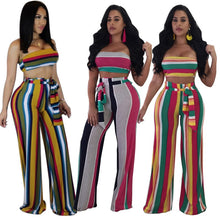 Load image into Gallery viewer, Sexy Two Piece Summer Outfits Women&#39;s 2 Piece Set Fashion Striped Strapless Crop Top and Wide Leg Pants Set Party Ladies Suit