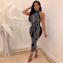 Load image into Gallery viewer, Rhinestone Backless Bodycon Sexy Club Party Dress Women Summer Elegant Sheath Dress Sleeveless Sheer Mesh Bodycon Midi Dresses