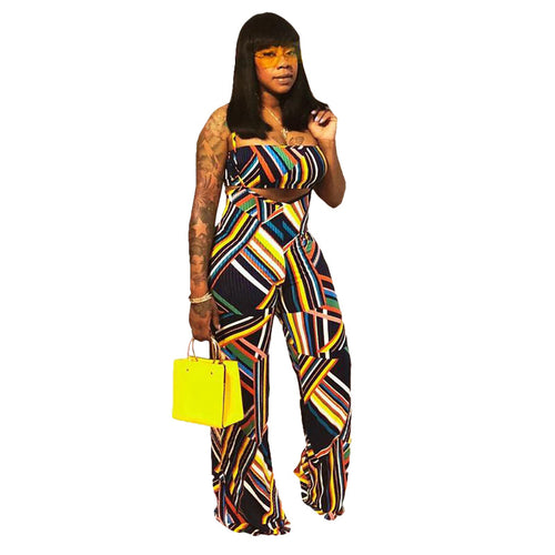 Geometic Print Sexy Two Piece Set Summer Outfits Strapless Crop Top and Pants Set Club Party Matching 2 Piece Set Women Jumpsuit