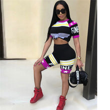 Load image into Gallery viewer, Summer Women Tracksuits Casual Two Piece Set Print Round Neck Short Sleeve Crop Top and Shorts Track Suit 2 Piece Outfits