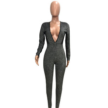 Load image into Gallery viewer, Deep V Neck Glitter Jumpsuit for Women Autumn Winter Mesh Patchwork Long Sleeve Open Back Bodycon Sparkly Romper Party Jumpsuits