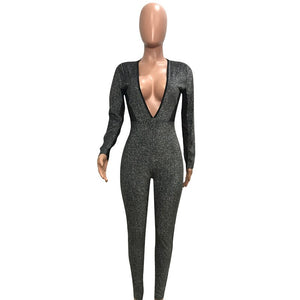 Deep V Neck Glitter Jumpsuit for Women Autumn Winter Mesh Patchwork Long Sleeve Open Back Bodycon Sparkly Romper Party Jumpsuits