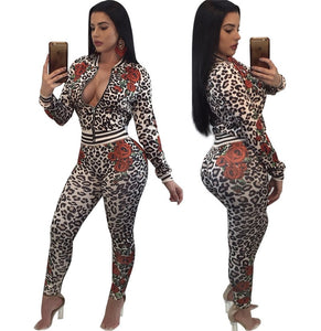 Women Rose Printed 2 Piece Sets Sweatsuit Long Sleeve Zipper Leopard Slim Casual Tracksuit Autumn 2 Piece Outfit Leisure Suits