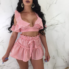 Load image into Gallery viewer, Sexy Cold Shoulder Ruffle Crop Top and Shorts Set Elegant Beach Party Two Piece Sets Striped Short Suit