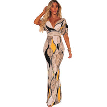 Load image into Gallery viewer, Women Fashion Print Summer Maxi Dresses Sexy V-Neck Ruched Short Sleeve Floor-Length Bodycon Mermaid Gown Formal Party Dresses