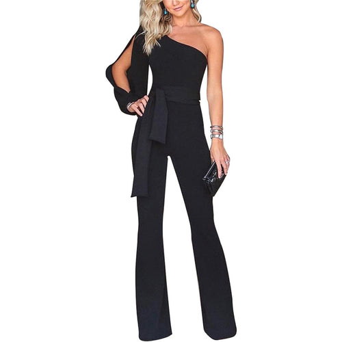 Party Sexy Rompers Womens Jumpsuit Long Sleeve Split One Shoulder Overalls Elegant Evening Wear Black Formal Jumpsuits Sashes