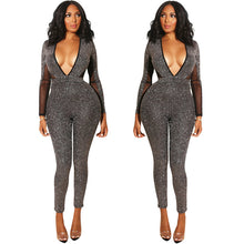 Load image into Gallery viewer, Deep V Neck Glitter Jumpsuit for Women Autumn Winter Mesh Patchwork Long Sleeve Open Back Bodycon Sparkly Romper Party Jumpsuits