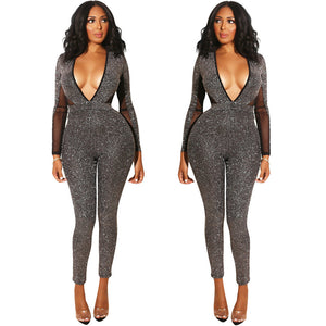 Deep V Neck Glitter Jumpsuit for Women Autumn Winter Mesh Patchwork Long Sleeve Open Back Bodycon Sparkly Romper Party Jumpsuits