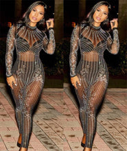 Load image into Gallery viewer, Sexy Bodycon Long Sleeve Sheer Jumpsuits Fashion Mesh Geometric Rhinestone See-Through Romper Sparkly Overalls Combinaison Femme