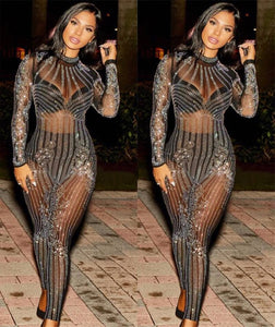 Sexy Bodycon Long Sleeve Sheer Jumpsuits Fashion Mesh Geometric Rhinestone See-Through Romper Sparkly Overalls Combinaison Femme