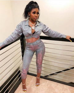 Sexy Glitter Two Piece Sets Women Turn-down Collar Long Sleeve Bomber Jacket Top and Ankle-Length Pants Suit Matching Outfits