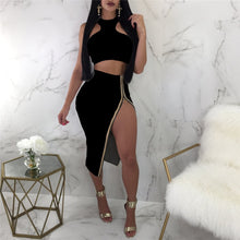 Load image into Gallery viewer, Sexy 2 Piece Dress Women O-neck Off Shoulder Sleeveless Crop Top and High-split Zipper Midi Skirt Clubwear Party Two Piece Set