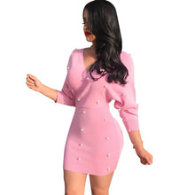 Load image into Gallery viewer, Women Pink Pearl Beading Long Sleeve Bodycon Dress Sexy V-Neck Sheath Slim Ladies Elegant Party Mini Club Dresses Vestidos