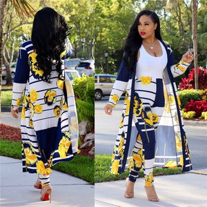 Two Piece Set Top and Pants Women Spring Autumn Long Sleeve X-Long Duster Coat and Pants Print Flower Casual 2 Piece Outfits