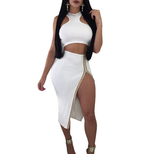 Sexy 2 Piece Dress Women O-neck Off Shoulder Sleeveless Crop Top and High-split Zipper Midi Skirt Clubwear Party Two Piece Set