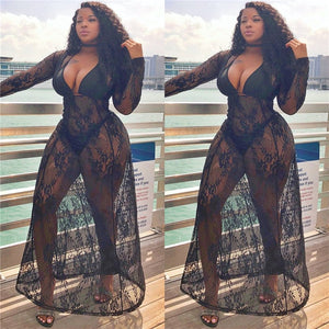 Black Sheer Floral Lace Maxi Dress High Waist Women Sexy See Through V-Neck Party Dress Ladies Summer Beach Long Dresses