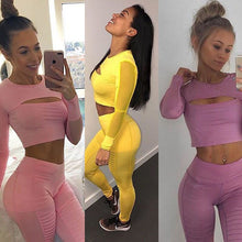 Load image into Gallery viewer, Womens Tracksuit Hollow Out Long Sleeve Crop Top and Legging Pants 2 Piece Set Female Mesh Casual Summer Outfits Fitness Wear