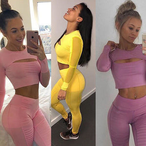 Womens Tracksuit Hollow Out Long Sleeve Crop Top and Legging Pants 2 Piece Set Female Mesh Casual Summer Outfits Fitness Wear