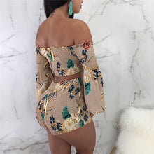 Load image into Gallery viewer, Summer Two Piece Shorts and Top Women Sexy Off the Shoulder Flare Sleeve Crop Tops + Shorts Floral Print Beach Wear Shorts Suit