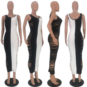 Sleeveless Hollow Out Tank Sexy Long Dress Women Black White Patchwork Bodycon Maxi Dress Casual Club Party Dresses Vestiods