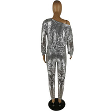 Load image into Gallery viewer, Sexy Silver Sequin Two Piece Sets Women Glitter Crop Top and Skinny Pants 2 Piece Sets Club Party Sparkly Matching Sets Outfits