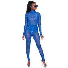 Load image into Gallery viewer, Sexy Blue Sheer Mesh Jumpsuit Rompers Women Autumn Winter Long Sleeve Turtleneck Print Skinny See-through Party Club Overalls