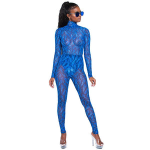 Sexy Blue Sheer Mesh Jumpsuit Rompers Women Autumn Winter Long Sleeve Turtleneck Print Skinny See-through Party Club Overalls