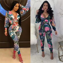 Load image into Gallery viewer, Floral Print Two Piece Set Summer Sexy Split Long Sleeve V Neck Bandage Top and Bodycon Pant Set Women Party Two Piece Outfits