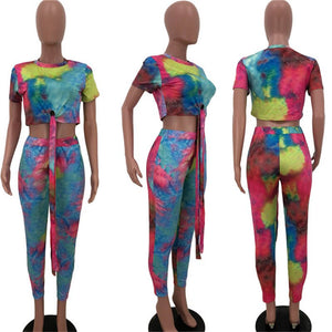 Casual Women Two Piece Set Top and Calf Length Pants Set Summer Tracksuit Sweat Suit Tie Dye Print Women 2 Piece Set Outfits