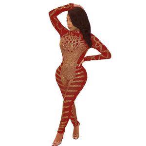 Luxury Rhinestone Sparkly Jumpsuit Women Turtleneck Long Sleeve Mesh Romper Sexy Sheer Birthday Nightclub Bodycon Party Overalls