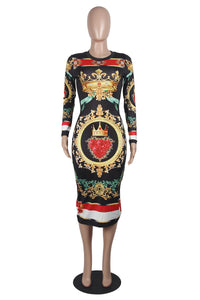 Poker Print Sexy Bodycon Midi Dress Women O-neck Long Sleeve Knee-length Sheath Casual Nightclub Bandage Party Dresses Vestidos