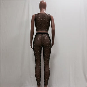 Sexy Mesh Pearls Beading Two Pieces Set Women Sleeveless See Through Tank Crop Top and Ankle-Length Pants Party Matching Outfits