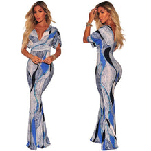 Load image into Gallery viewer, Women Fashion Print Summer Maxi Dresses Sexy V-Neck Ruched Short Sleeve Floor-Length Bodycon Mermaid Gown Formal Party Dresses