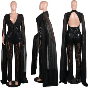 Women Chiffon Split Long Sleeve Sequin Jumpsuit Sexy V Neck Patchwork Loose Wide Leg Romper Evening Sparkly Jumpsuit Overalls