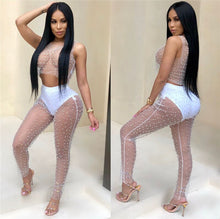 Load image into Gallery viewer, Sexy Mesh Pearls Beading Two Pieces Set Women Sleeveless See Through Tank Crop Top and Ankle-Length Pants Party Matching Outfits