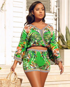 Bohemian Floral Print Beach Two Piece Set Women Summer Sexy Crop Top and Shorts Suit Casual Beach Wear Matching Set Outfit