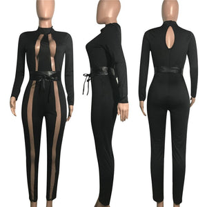 Sexy Bodycon Jumpsuits for Women Clothes Club Jumpsuits Black Transparent Mesh Patchwork Sashes Long Pants Romper Overalls