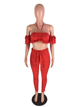 Load image into Gallery viewer, Red Sexy 2 Piece Set Women Ruffle Off The Shoulder Crop Top and Pants Set Summer Women Sets Clothes Club Party Two Piece Outfits