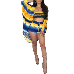 Summer 3 Piece Suit Women Beach Set Sexy Strapless Crop Top Shorts Contrast Color Cardigan Sets Boho Beachwear 3 Piece Outfit