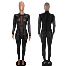 Load image into Gallery viewer, Sexy Bodycon Long Sleeve Sheer Jumpsuits Fashion Mesh Geometric Rhinestone See-Through Romper Sparkly Overalls Combinaison Femme