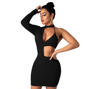 Women Sexy Mini Summer Bodycon Dress Elegant Slim One Shoulder Long Sleeve Party Club Dress Backless Hollow Out Mini Short Dress