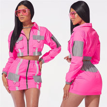 Load image into Gallery viewer, Neon Color Two Piece Skirt Set Women Pockets Zipper Long Sleeve Crop Top and Mini Skirts Suit Sexy 2 Piece Outfits Clubwear