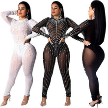 Load image into Gallery viewer, Pearls Beading Rhinestone Mesh Jumpsuit Women Sexy See-through Long Sleeve One Piece Bodysuit Party Birthday Overalls Outfits