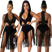 Load image into Gallery viewer, Boho Sleeveless V Neck Fringe Tassel Dress Party Club Hollow Out Black Sexy Bodycon Dress