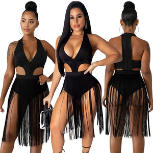 Boho Sleeveless V Neck Fringe Tassel Dress Party Club Hollow Out Black Sexy Bodycon Dress