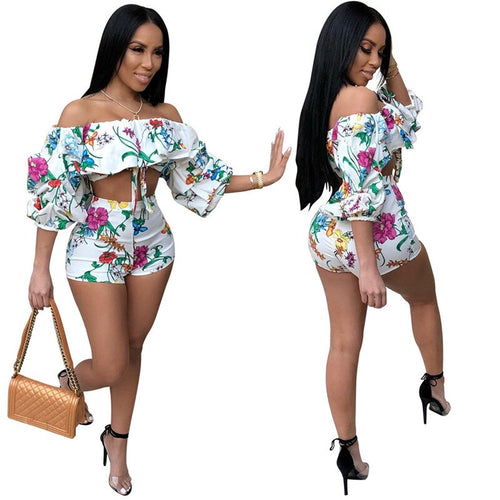 Two Piece Set New Summer Sexy Off the Shoulder Floral Print Crop Top and Shorts Set Party Club Women 2 Piece Outfits