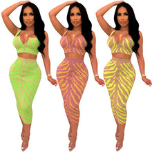 Load image into Gallery viewer, Sexy Two Piece Set Club Outfits Zebra Print Zipper Crop Top and High Waisted Midi Skirt Set Bodycon 2 Piece Dress Matching Sets