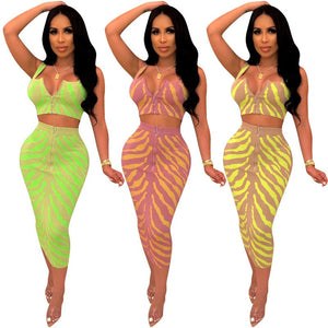 Sexy Two Piece Set Club Outfits Zebra Print Zipper Crop Top and High Waisted Midi Skirt Set Bodycon 2 Piece Dress Matching Sets