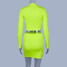 Load image into Gallery viewer, Neon Green Two Piece Skirt Set Women Zipper Collar Long Sleeve Crop Top and High Waisted Mini Skirt Club Wear 2 Piece Outfits