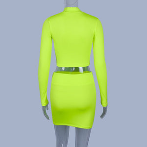 Neon Green Two Piece Skirt Set Women Zipper Collar Long Sleeve Crop Top and High Waisted Mini Skirt Club Wear 2 Piece Outfits